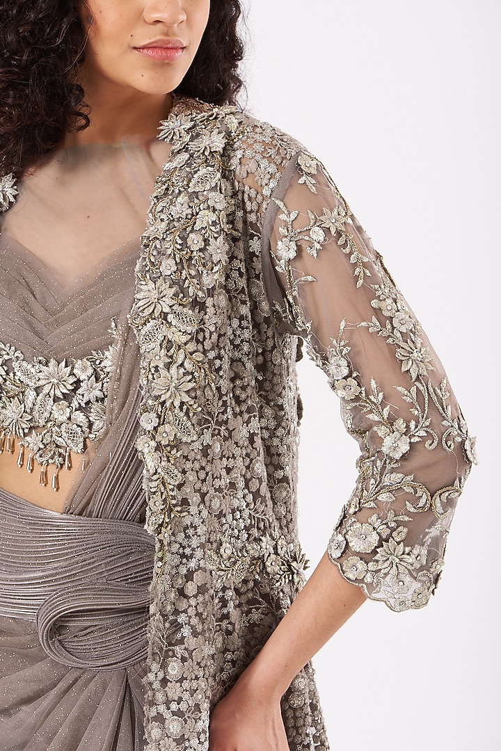 Taupe Grey Shimmer Draped Bridal Saree Set by Anjalee & Arjun Kapoor at Pernia's Pop Up Shop