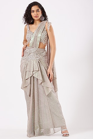 Mousy Grey Sequins Draped Saree Set by Anjalee & Arjun Kapoor