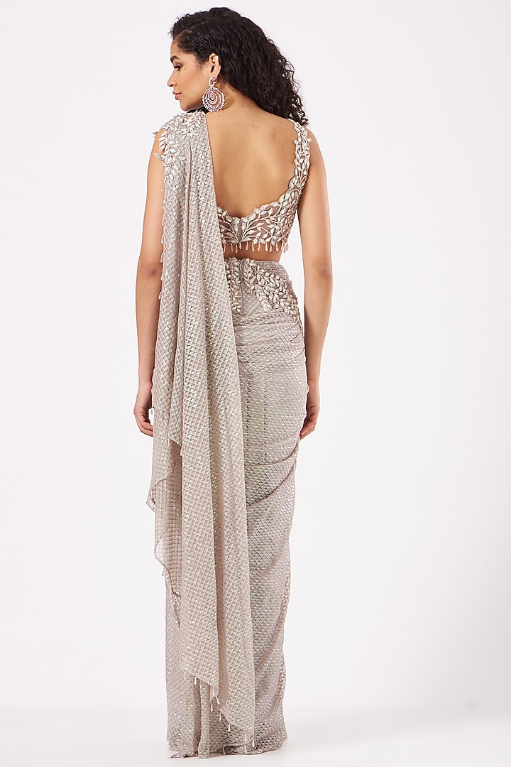 Mousy Grey Sequins Draped Reception Saree Set by Anjalee & Arjun Kapoor at Pernia's Pop Up Shop