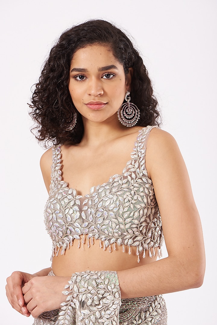 Mousy Grey Sequins Draped Reception Saree Set by Anjalee & Arjun Kapoor at Pernia's Pop Up Shop