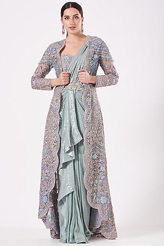 Wedgewood Blue Draped Saree Set by Anjalee & Arjun Kapoor