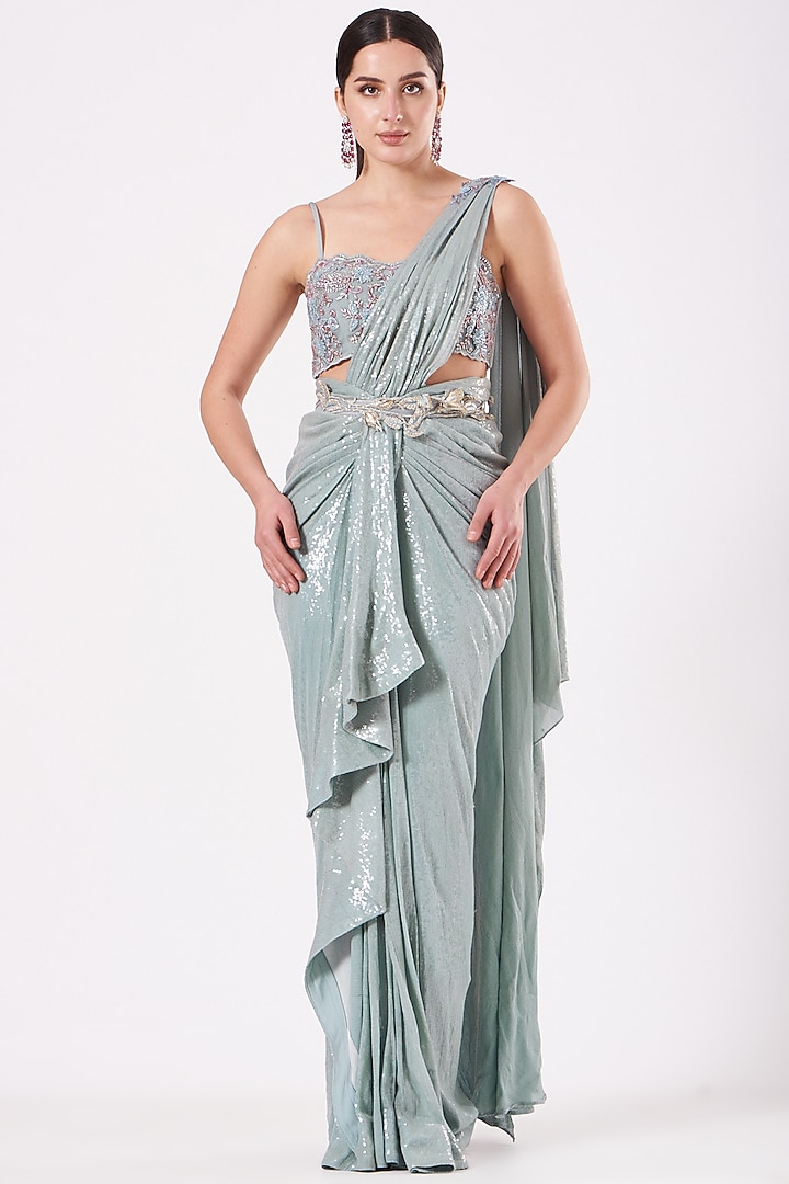 Wedgewood Blue Draped Bridal Saree Set by Anjalee & Arjun Kapoor at Pernia's Pop Up Shop