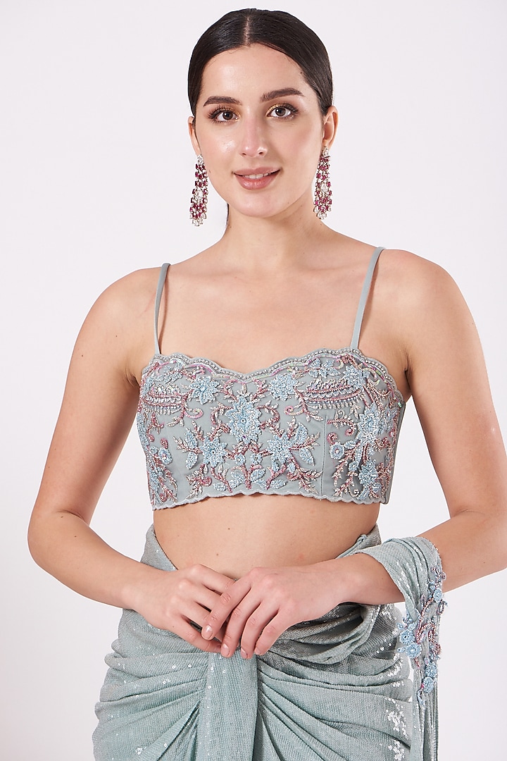 Wedgewood Blue Draped Bridal Saree Set by Anjalee & Arjun Kapoor at Pernia's Pop Up Shop