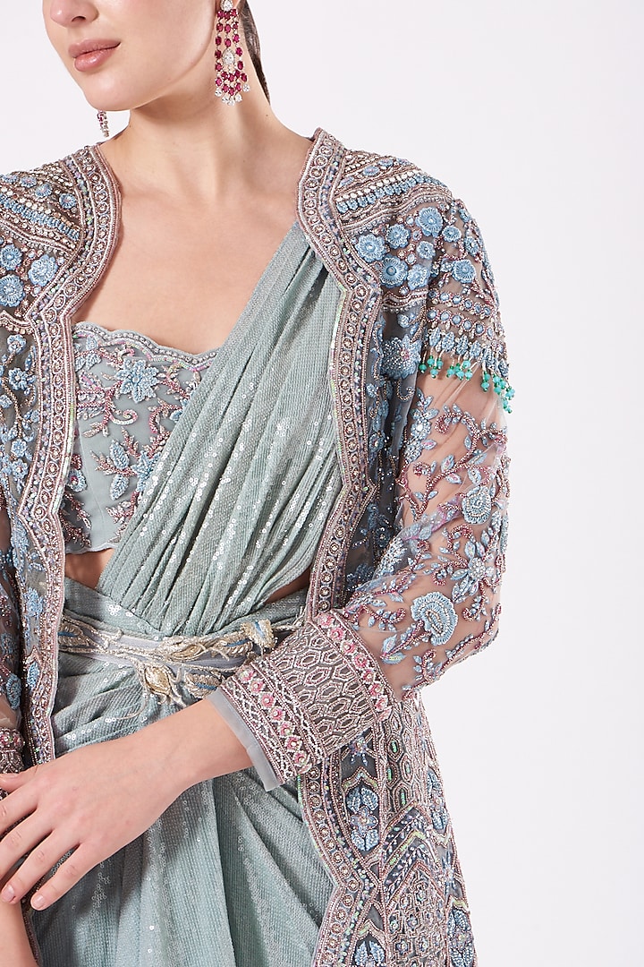 Wedgewood Blue Draped Bridal Saree Set by Anjalee & Arjun Kapoor at Pernia's Pop Up Shop