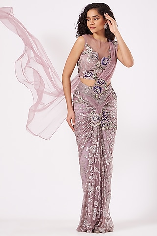 Lavender Floral Draped Saree Set by Anjalee & Arjun Kapoor