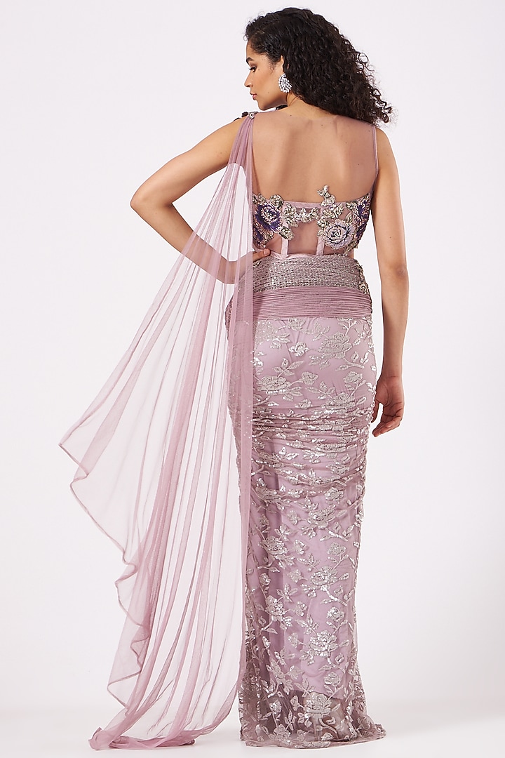 Lavender Floral Draped Reception Saree Set by Anjalee & Arjun Kapoor at Pernia's Pop Up Shop
