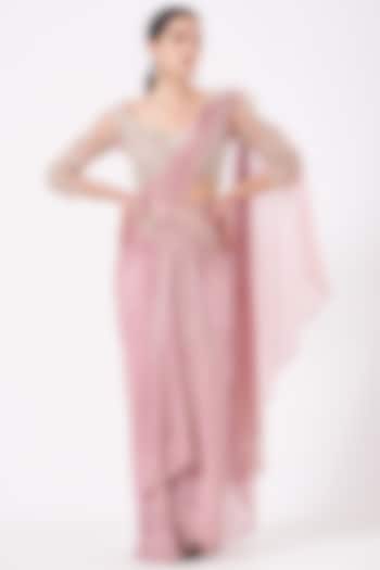 Onion Pink Sequins Draped Saree Set by Anjalee & Arjun Kapoor