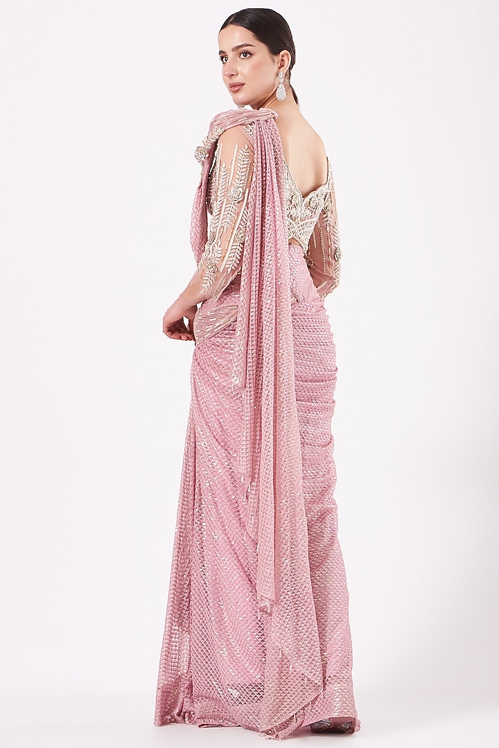 Onion Pink Sequins Draped Reception Saree Set by Anjalee & Arjun Kapoor at Pernia's Pop Up Shop