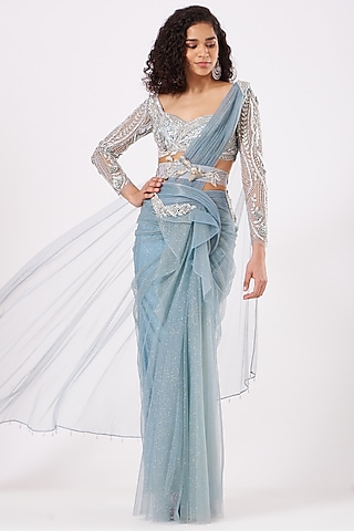 Wedgewood Blue Shimmer Draped Saree Set by Anjalee & Arjun Kapoor