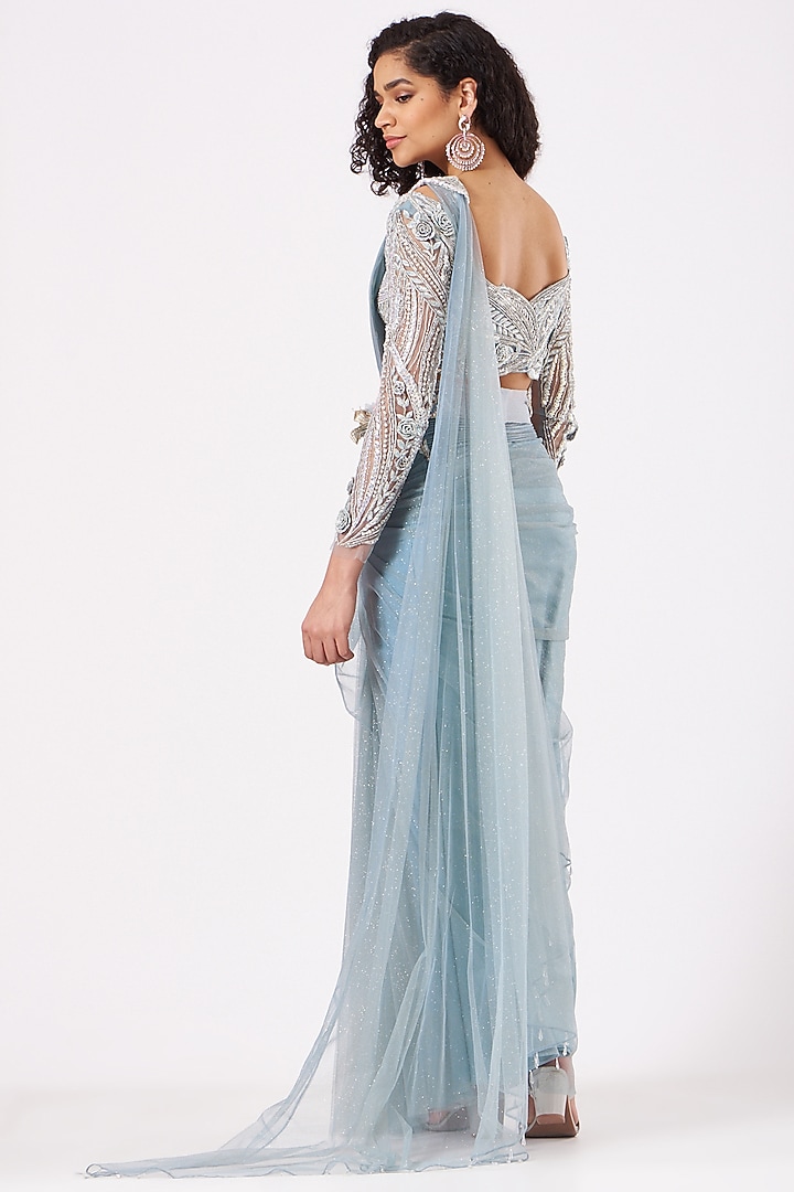 Wedgewood Blue Shimmer Draped Reception Saree Set by Anjalee & Arjun Kapoor at Pernia's Pop Up Shop