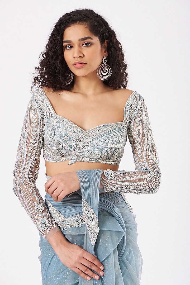 Wedgewood Blue Shimmer Draped Reception Saree Set by Anjalee & Arjun Kapoor at Pernia's Pop Up Shop