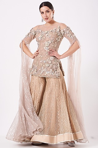 Peach Beige Net Sharara Set by Anjalee & Arjun Kapoor