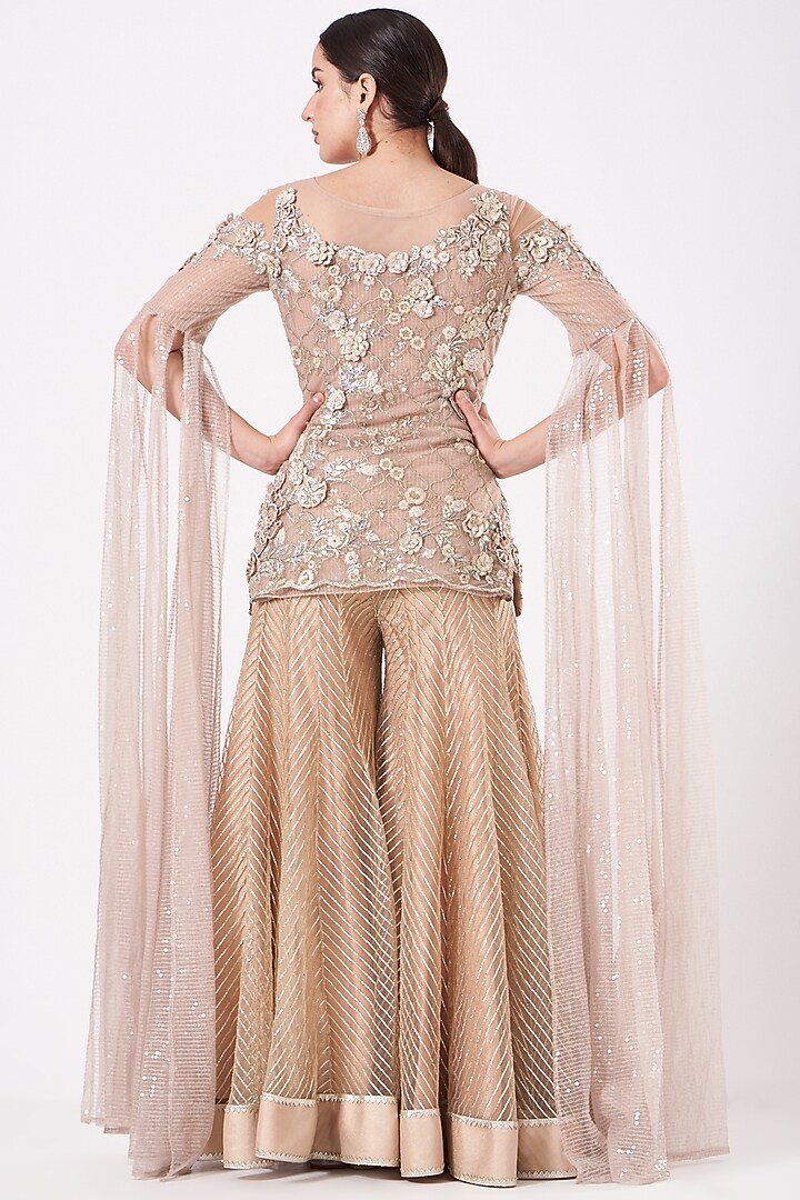 Peach Beige Net Bridal Sharara Set by Anjalee & Arjun Kapoor at Pernia's Pop Up Shop