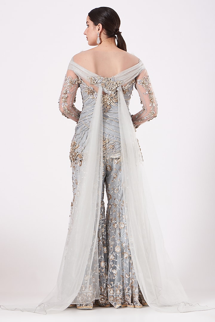 Wedgewood Blue Organza Bridal Sharara Set by Anjalee & Arjun Kapoor at Pernia's Pop Up Shop