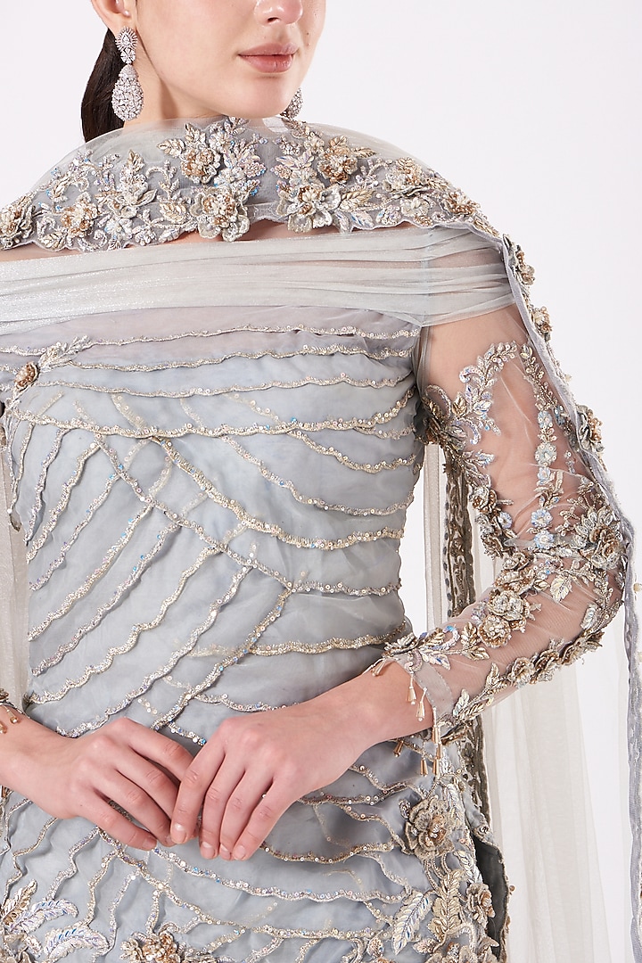 Wedgewood Blue Organza Bridal Sharara Set by Anjalee & Arjun Kapoor at Pernia's Pop Up Shop