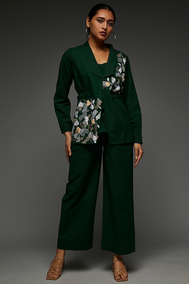 Green Khadi Cotton Embroidered Blazer Set by Anuj Bhutani
