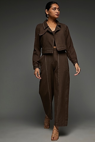 Brown Khadi Cotton Jacket Set by Anuj Bhutani