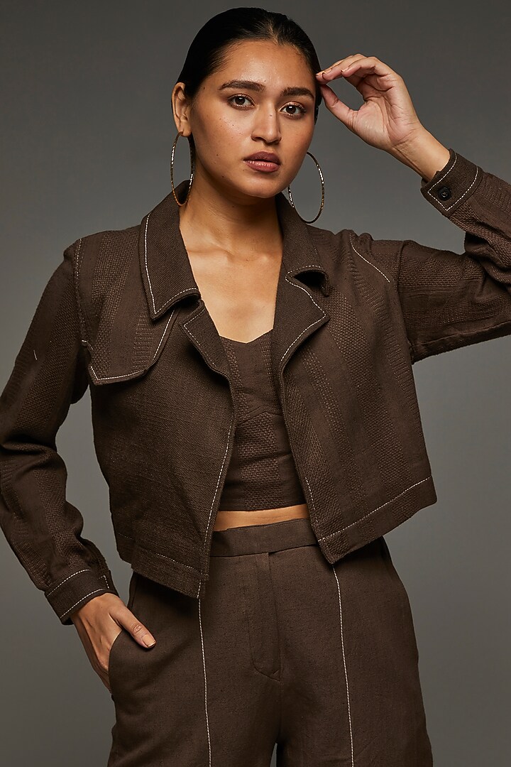 Brown Khadi Cotton Jacket Set by Anuj Bhutani at Pernia's Pop Up Shop