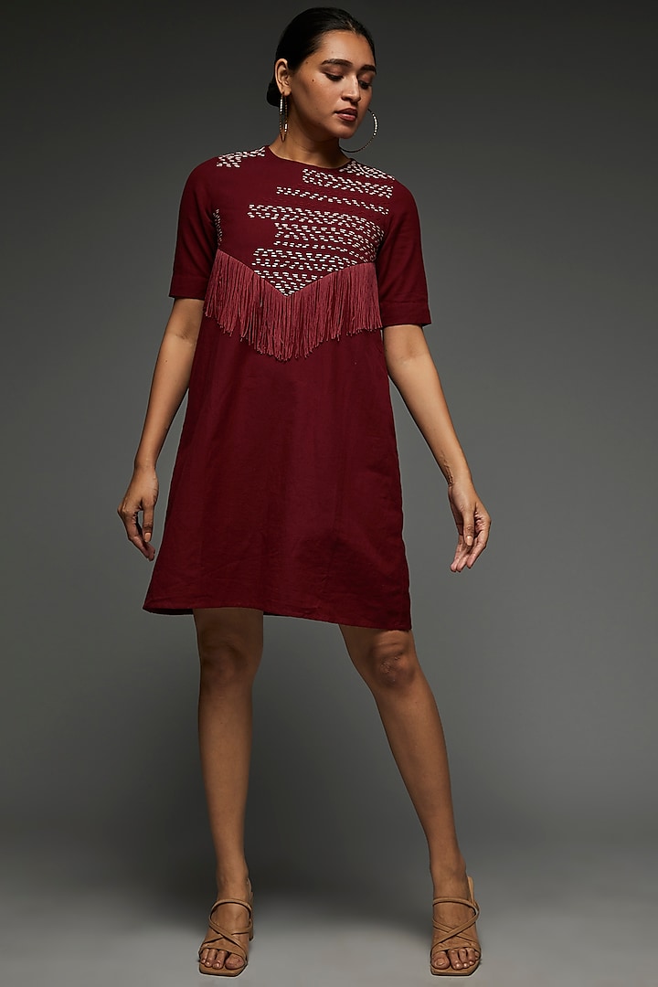 Red Khadi Cotton Hand Embroidered Dress by Anuj Bhutani