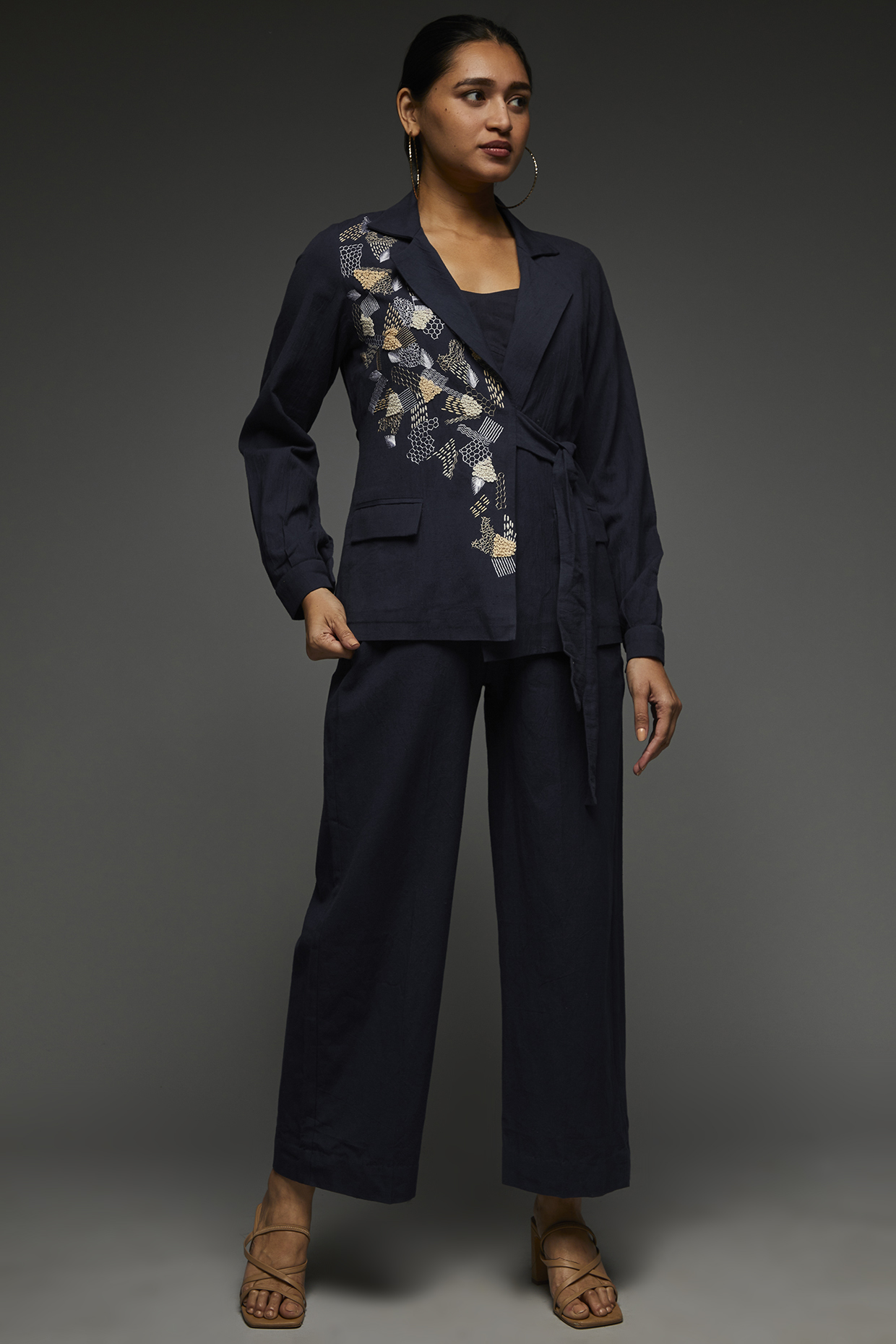 Blue Khadi Cotton Embroidered Blazer Set by Anuj Bhutani