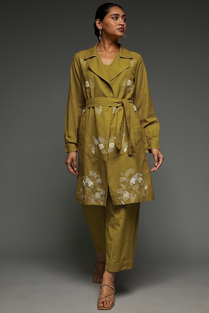 Mustard Khadi Cotton Embroidered Jacket Set by Anuj Bhutani