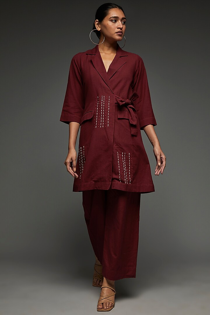 Red Khadi Cotton Embroidered Blazer Set by Anuj Bhutani