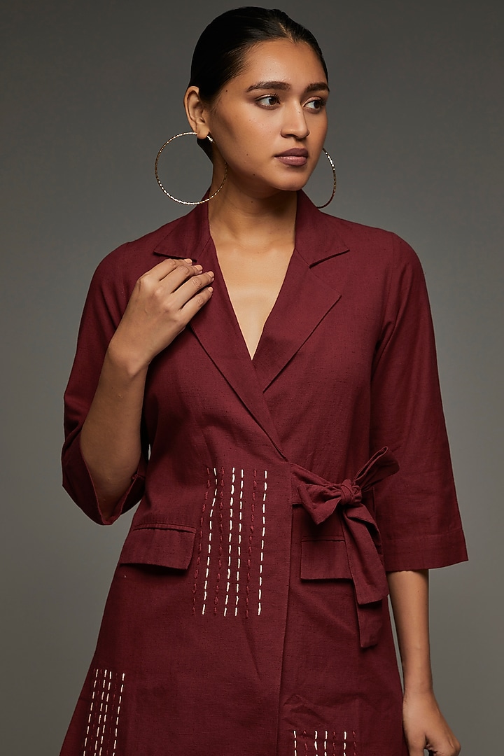 Red Khadi Cotton Embroidered Blazer Set by Anuj Bhutani at Pernia's Pop Up Shop