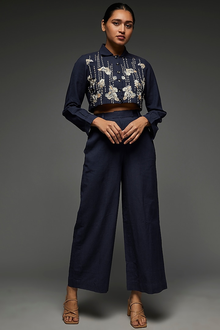 Blue Khadi Cotton Embroidered Co-Ord Set by Anuj Bhutani