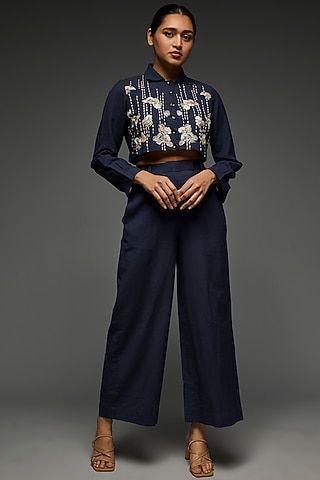 Blue Khadi Cotton Embroidered Co-Ord Set by Anuj Bhutani