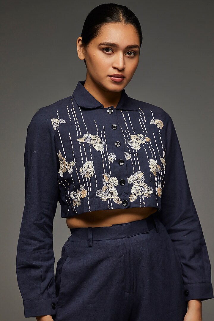Blue Khadi Cotton Embroidered Co-Ord Set by Anuj Bhutani at Pernia's Pop Up Shop