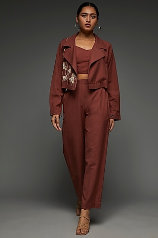 Maroon Khadi Cotton Embroidered Jacket Set by Anuj Bhutani