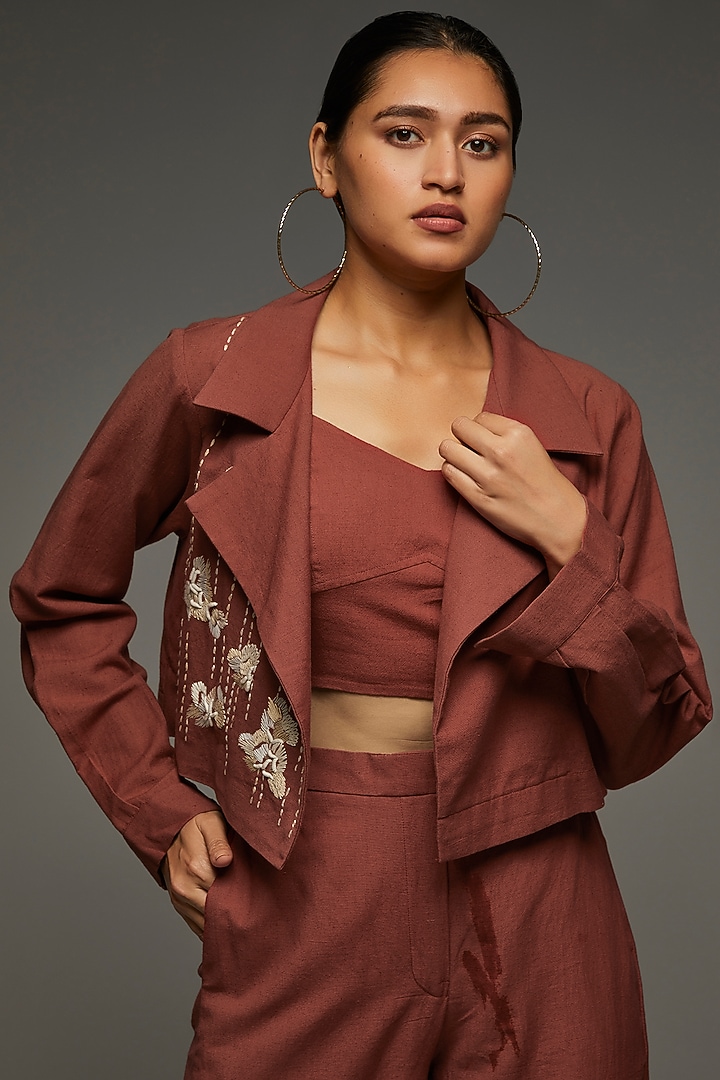 Maroon Khadi Cotton Embroidered Jacket Set by Anuj Bhutani at Pernia's Pop Up Shop