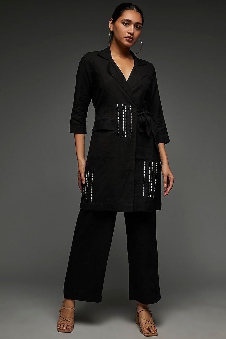 Black Khadi Cotton Embroidered Blazer Set by Anuj Bhutani