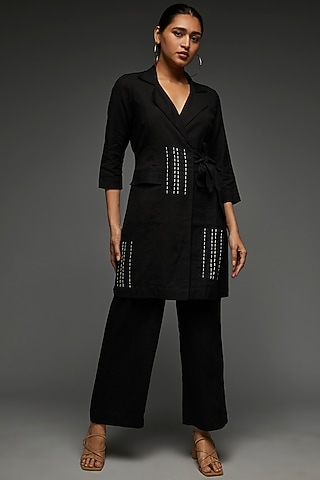 Black Khadi Cotton Embroidered Blazer Set by Anuj Bhutani