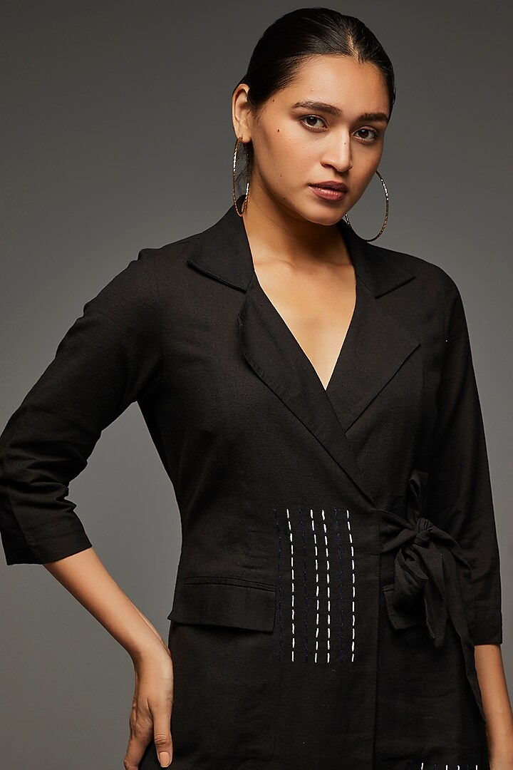Black Khadi Cotton Embroidered Blazer Set by Anuj Bhutani at Pernia's Pop Up Shop