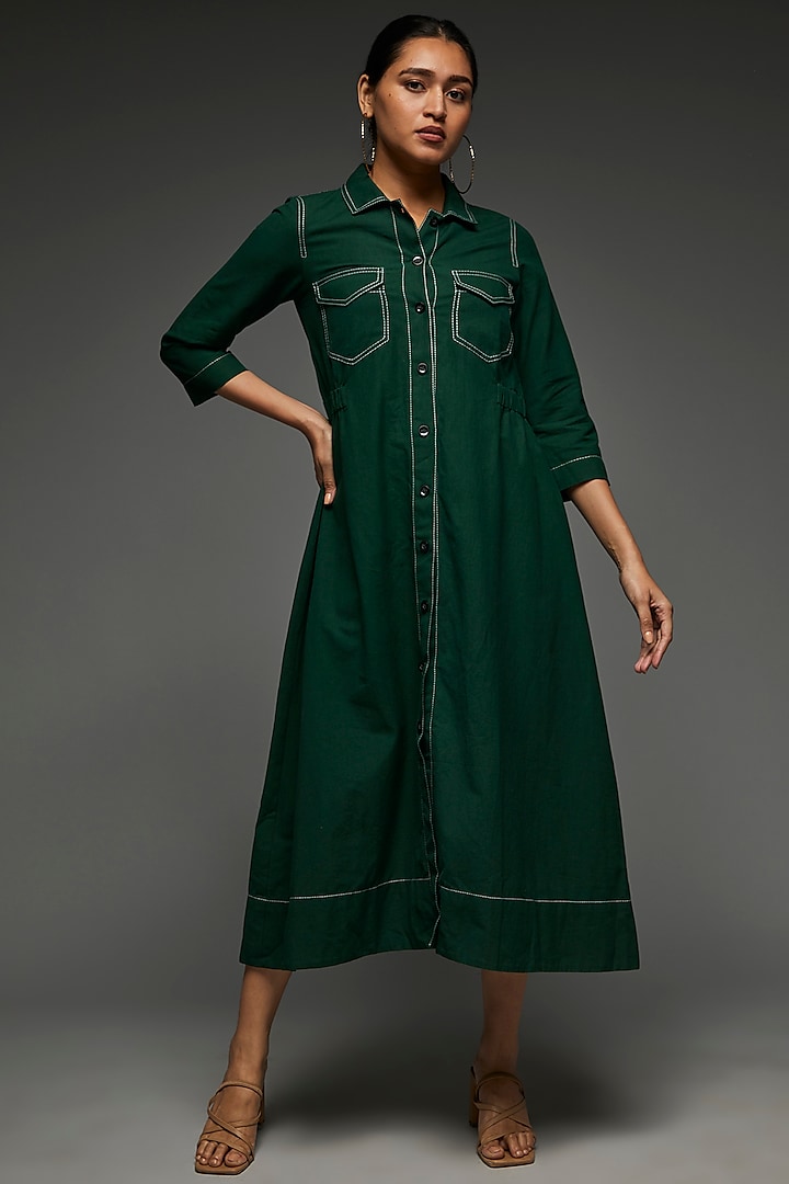 Green Khadi Cotton Shirt Dress by Anuj Bhutani