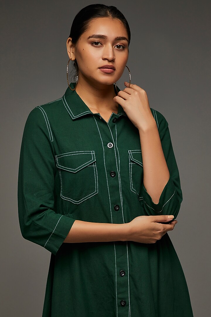 Green Khadi Cotton Summer Shirt Dress by Anuj Bhutani at Pernia's Pop Up Shop