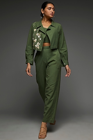 Light Green Khadi Cotton Embroidered Jacket Set by Anuj Bhutani