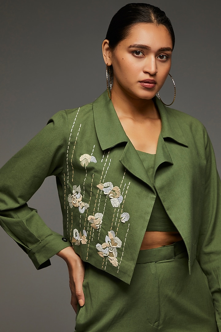 Light Green Khadi Cotton Embroidered Jacket Set by Anuj Bhutani at Pernia's Pop Up Shop