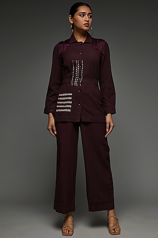 Maroon Khadi Cotton Embroidered Co-Ord Set by Anuj Bhutani