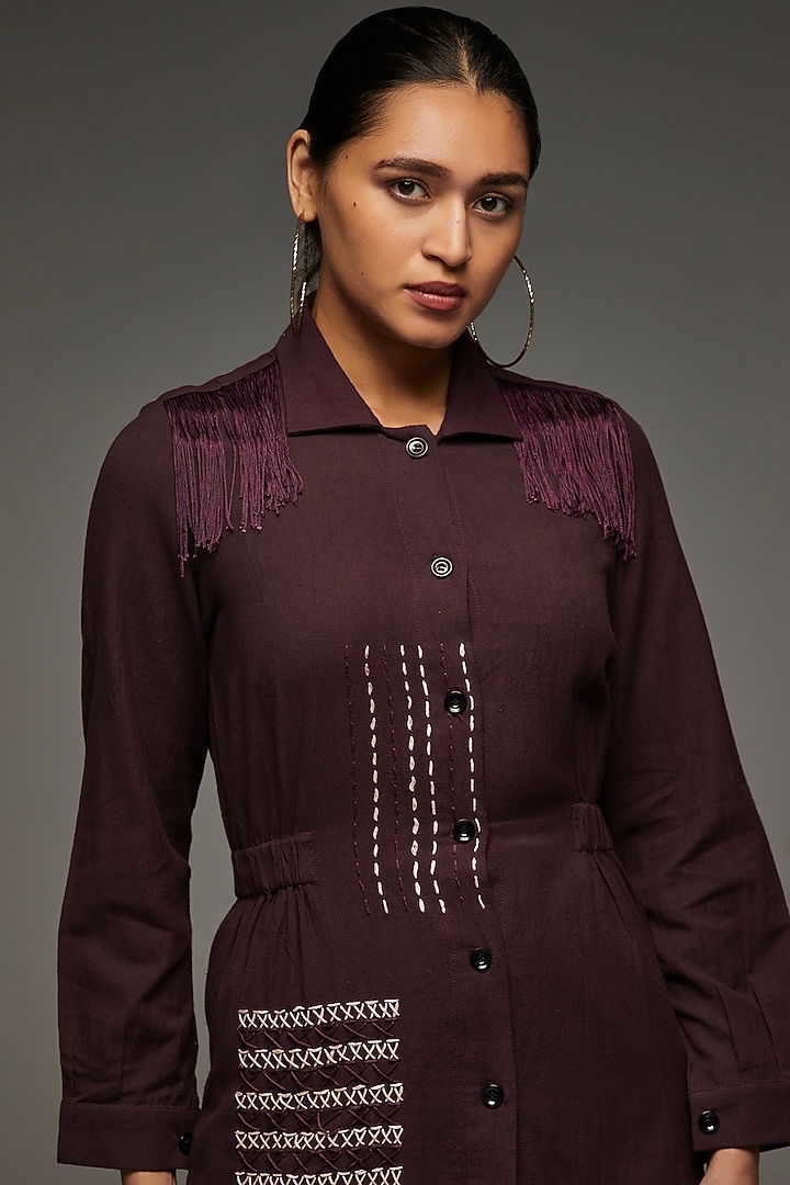 Maroon Khadi Cotton Embroidered Co-Ord Set by Anuj Bhutani at Pernia's Pop Up Shop
