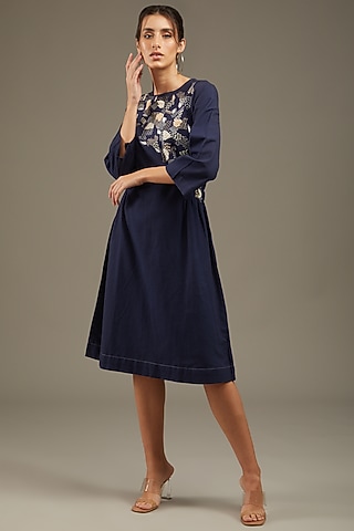 Dark Blue Khadi Cotton Embroidered Dress by Anuj Bhutani