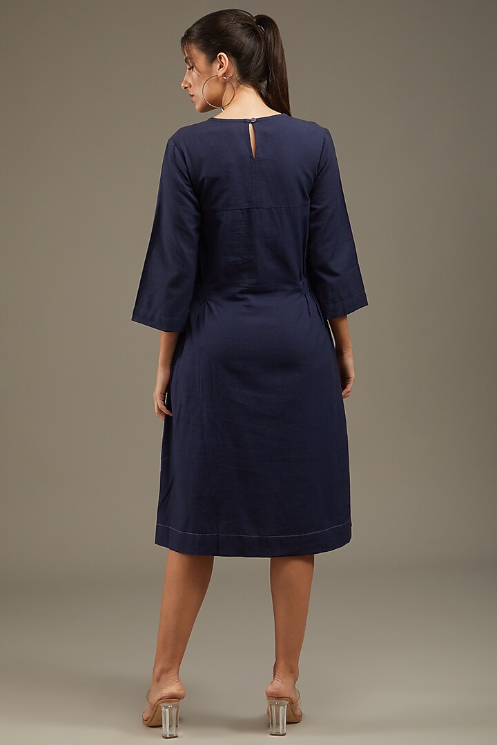 Dark Blue Khadi Cotton Embroidered Summer Dress by Anuj Bhutani at Pernia's Pop Up Shop