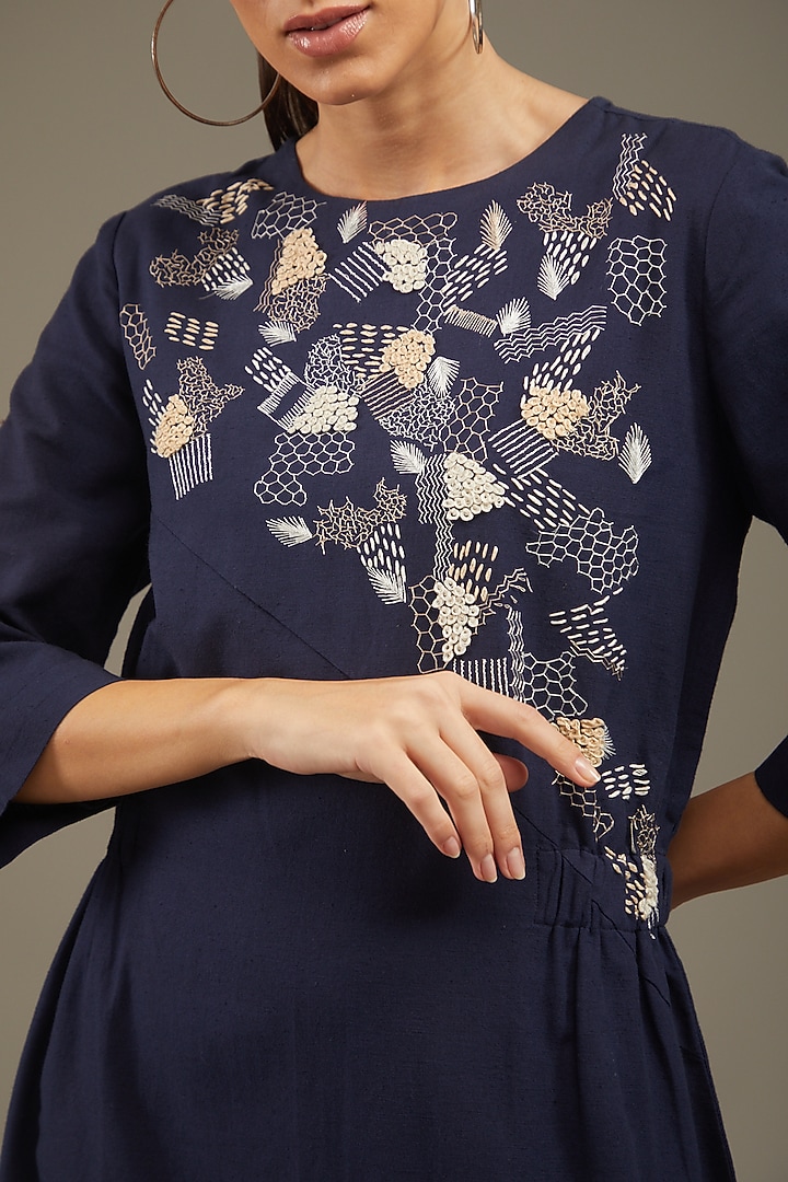 Dark Blue Khadi Cotton Embroidered Summer Dress by Anuj Bhutani at Pernia's Pop Up Shop