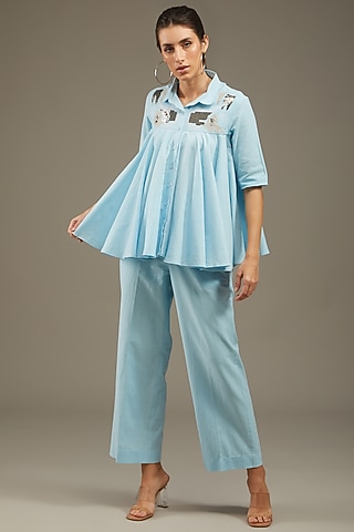 Light Blue Khadi Cotton Co-Ord Set by Anuj Bhutani