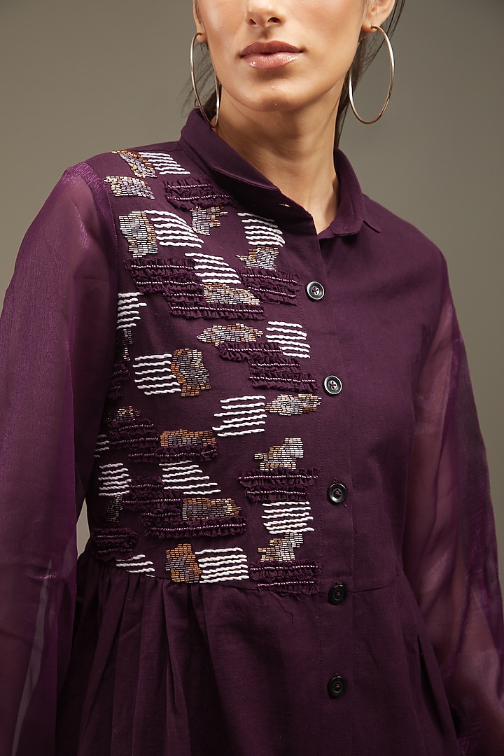 Maroon Khadi Cotton Embroidered Summer Shirt Dress by Anuj Bhutani at Pernia's Pop Up Shop
