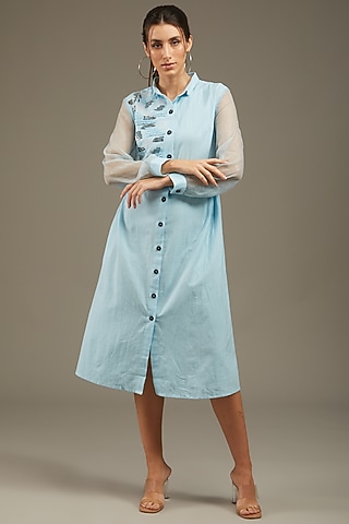 Light Blue Khadi Cotton Embroidered Shirt Dress by Anuj Bhutani