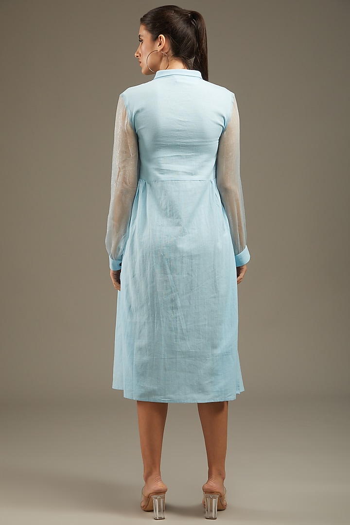 Light Blue Khadi Cotton Embroidered Summer Shirt Dress by Anuj Bhutani at Pernia's Pop Up Shop