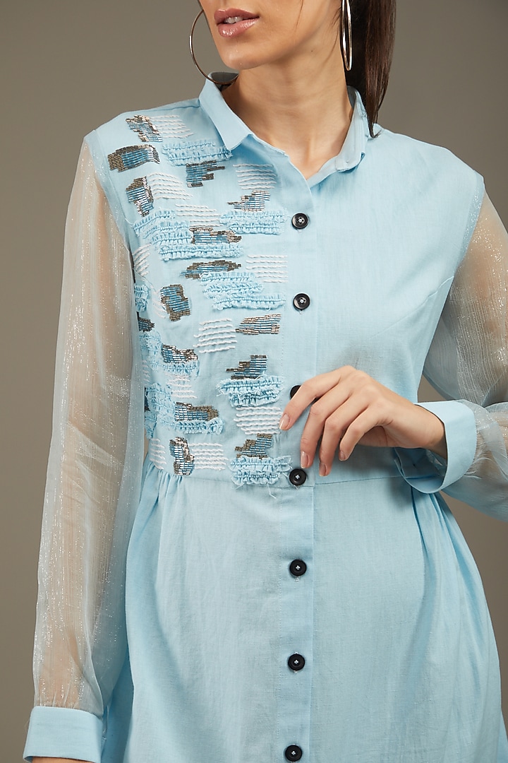 Light Blue Khadi Cotton Embroidered Summer Shirt Dress by Anuj Bhutani at Pernia's Pop Up Shop