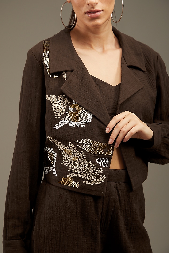 Brown Crush Cotton Embroidered Jacket Set by Anuj Bhutani at Pernia's Pop Up Shop